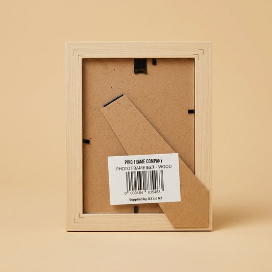 Back of the PIKO 5x7 wood frame showing stand, clips and barcode label