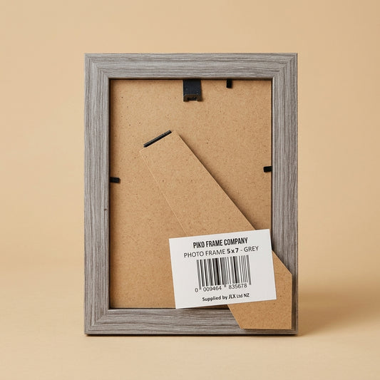 Back of grey PIKO 5x7 frame showing kickstand and product label