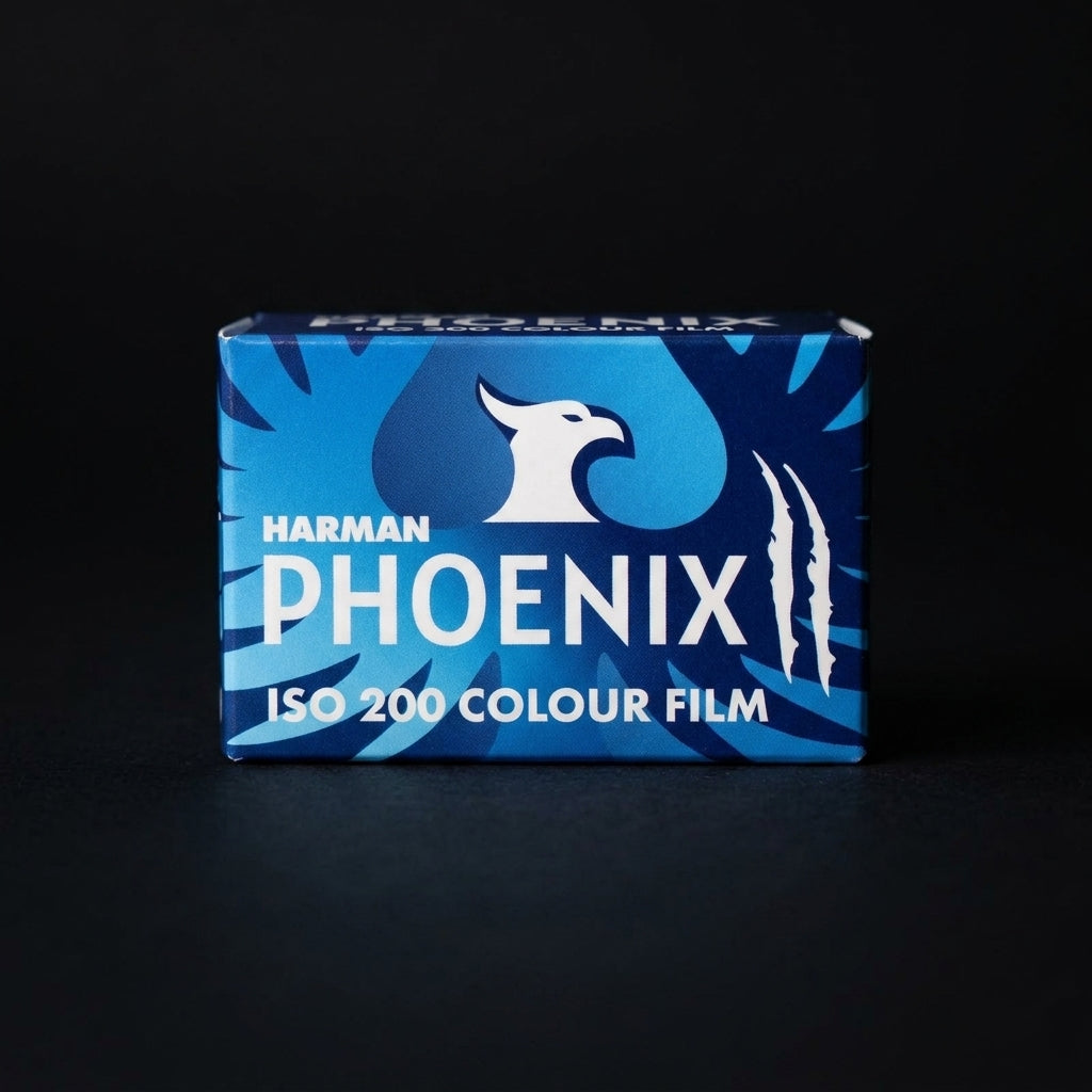 Blue Harman Phoenix II ISO 200 35mm film box, front view on black background