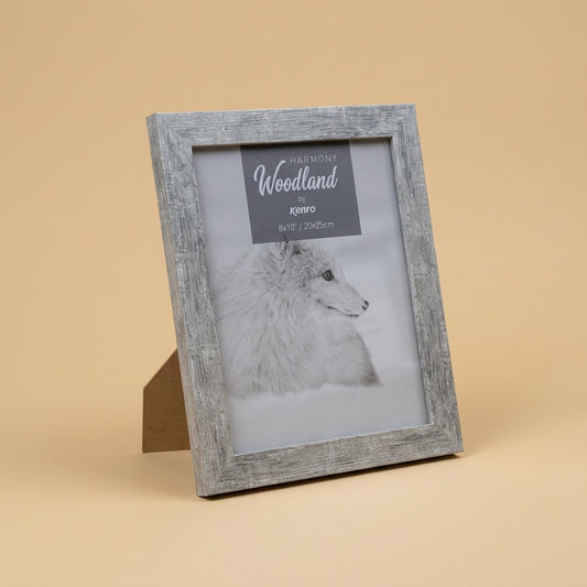 Grey Harmony Woodland 8x10 frame angled on beige background, Kenro insert in place