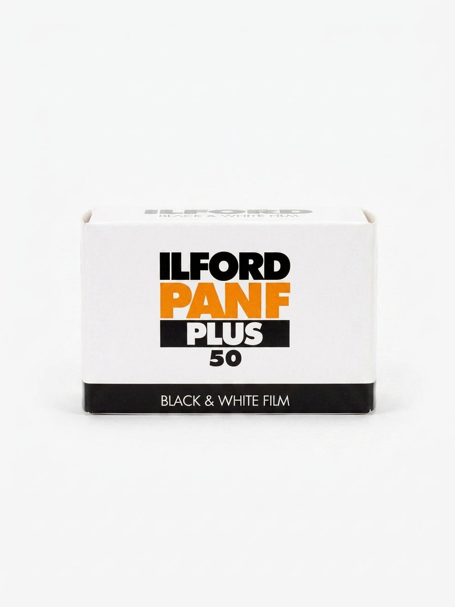 Ilford Pan F Plus 50 35mm film box, front view on white background