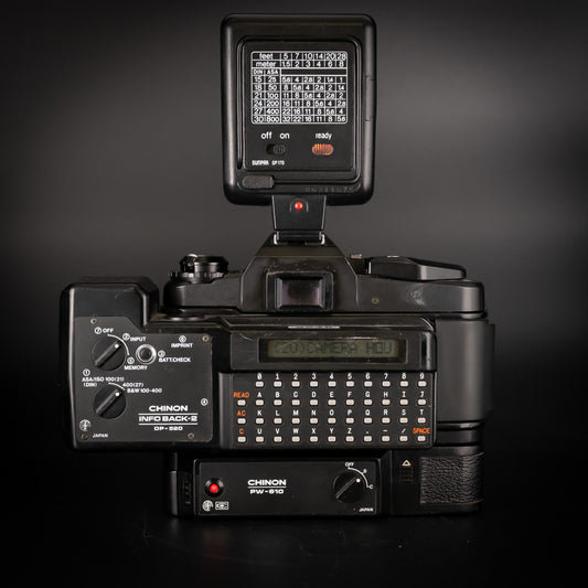 Chinon CP-5 with 50mm f/1.9 Lens, Power Winder, Flash, Databack & Spare Back