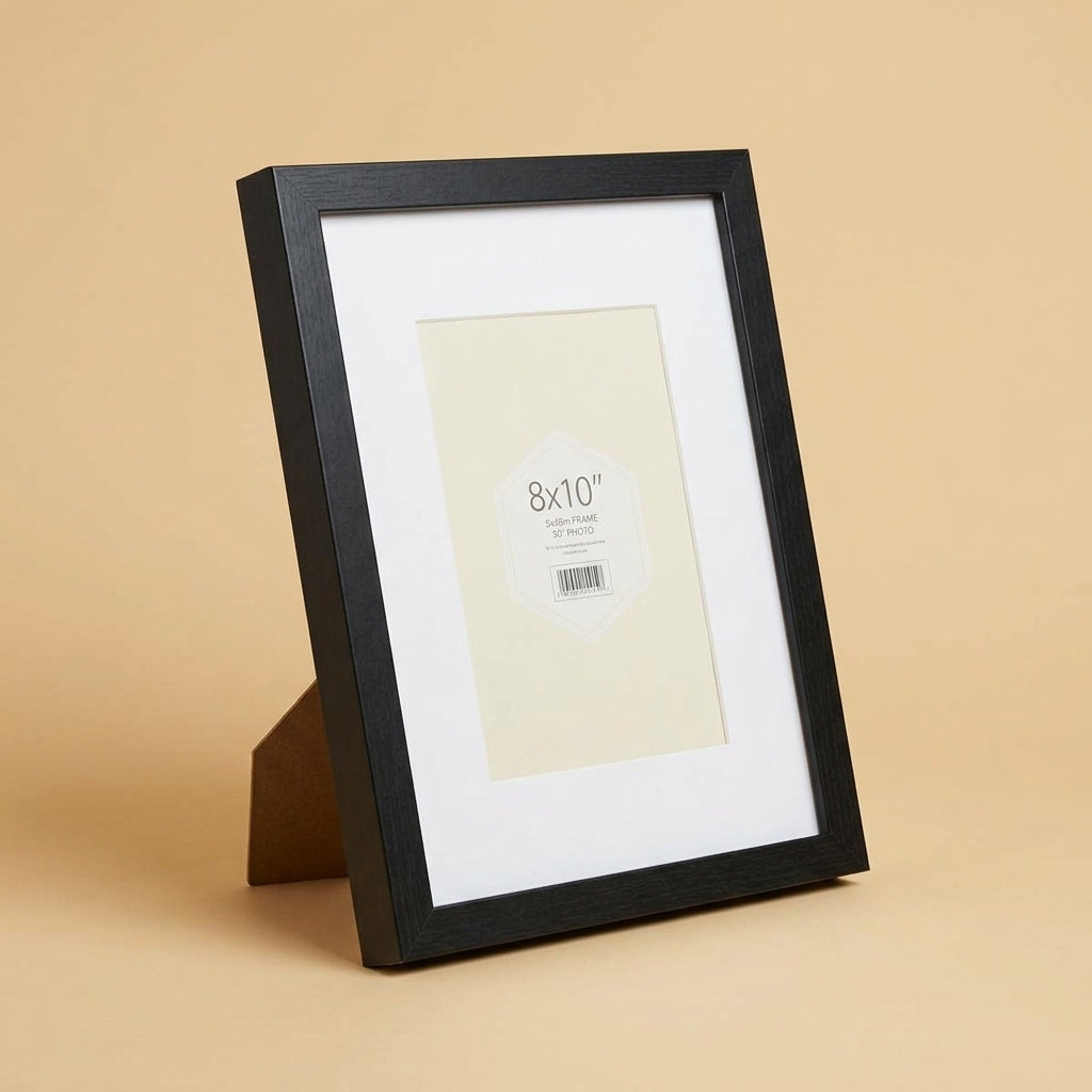 Black 8x10 frame standing at an angle on its easel back support