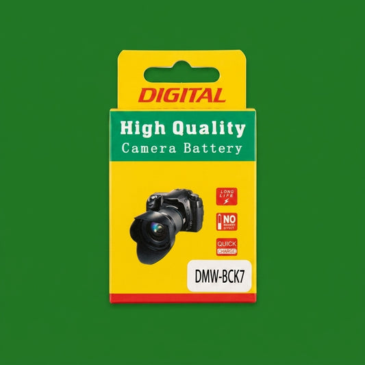 Yellow and green DMW-BCK7 camera battery box on a green background