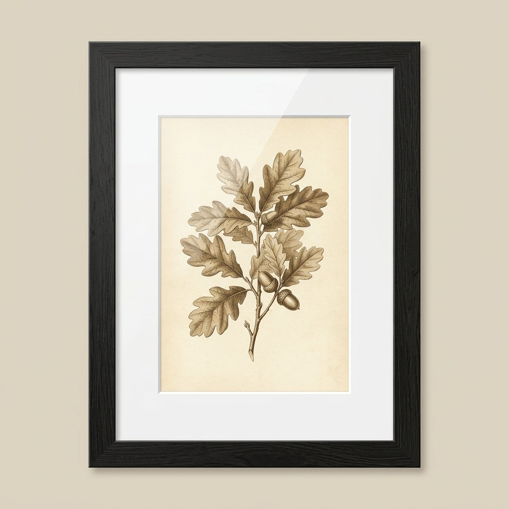 Wynyard black frame holding a sepia oak leaves and acorn print with white mat