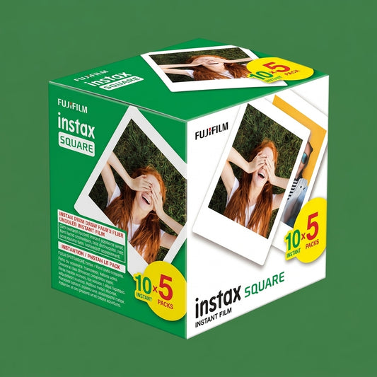 Fujifilm Instax Square 50-pack box shown at an angle on green background