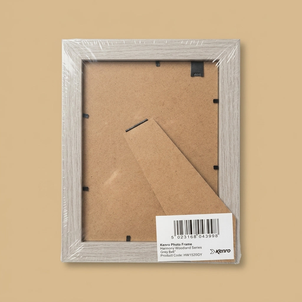 Back of the grey Harmony Woodland frame in plastic wrap, showing easel stand and barcode label