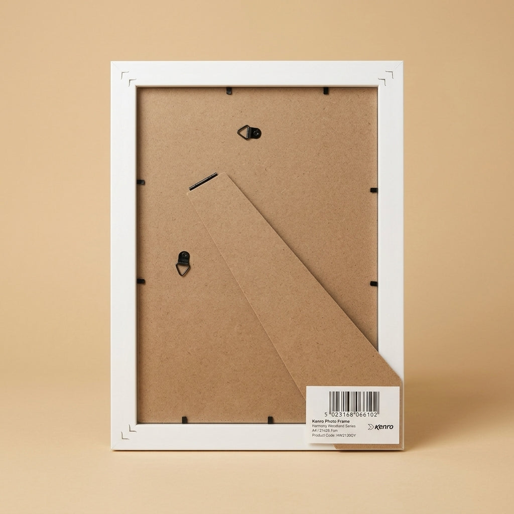 Back of the A4 frame showing white edges, MDF backing board, strut and barcode label