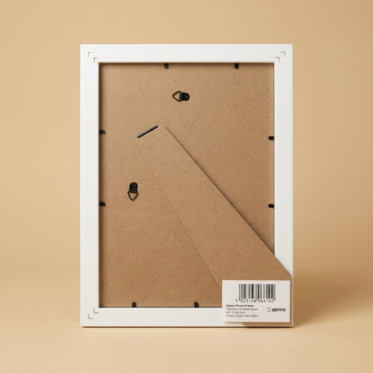 Back of the A4 frame showing white edges, MDF backing board, strut and barcode label
