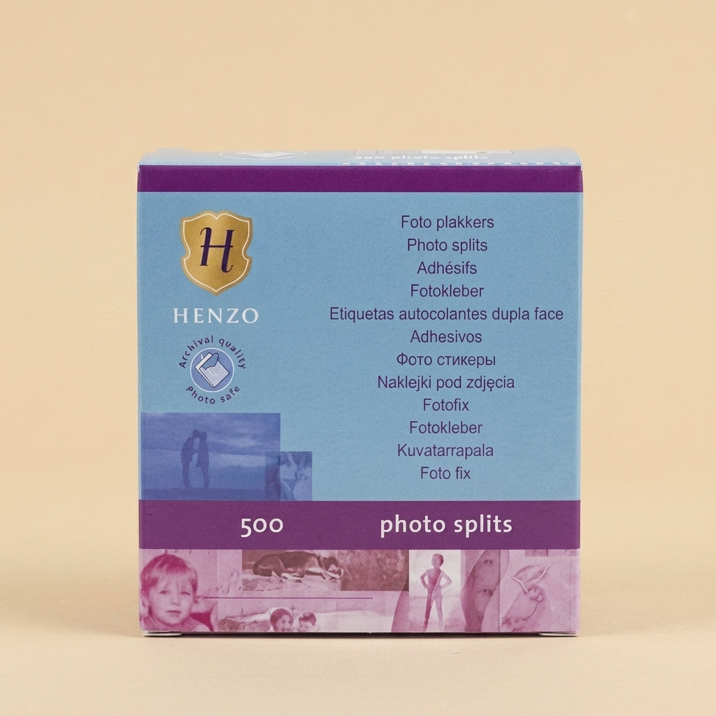 Henzo photo splits box of 500, blue and purple packaging on beige background