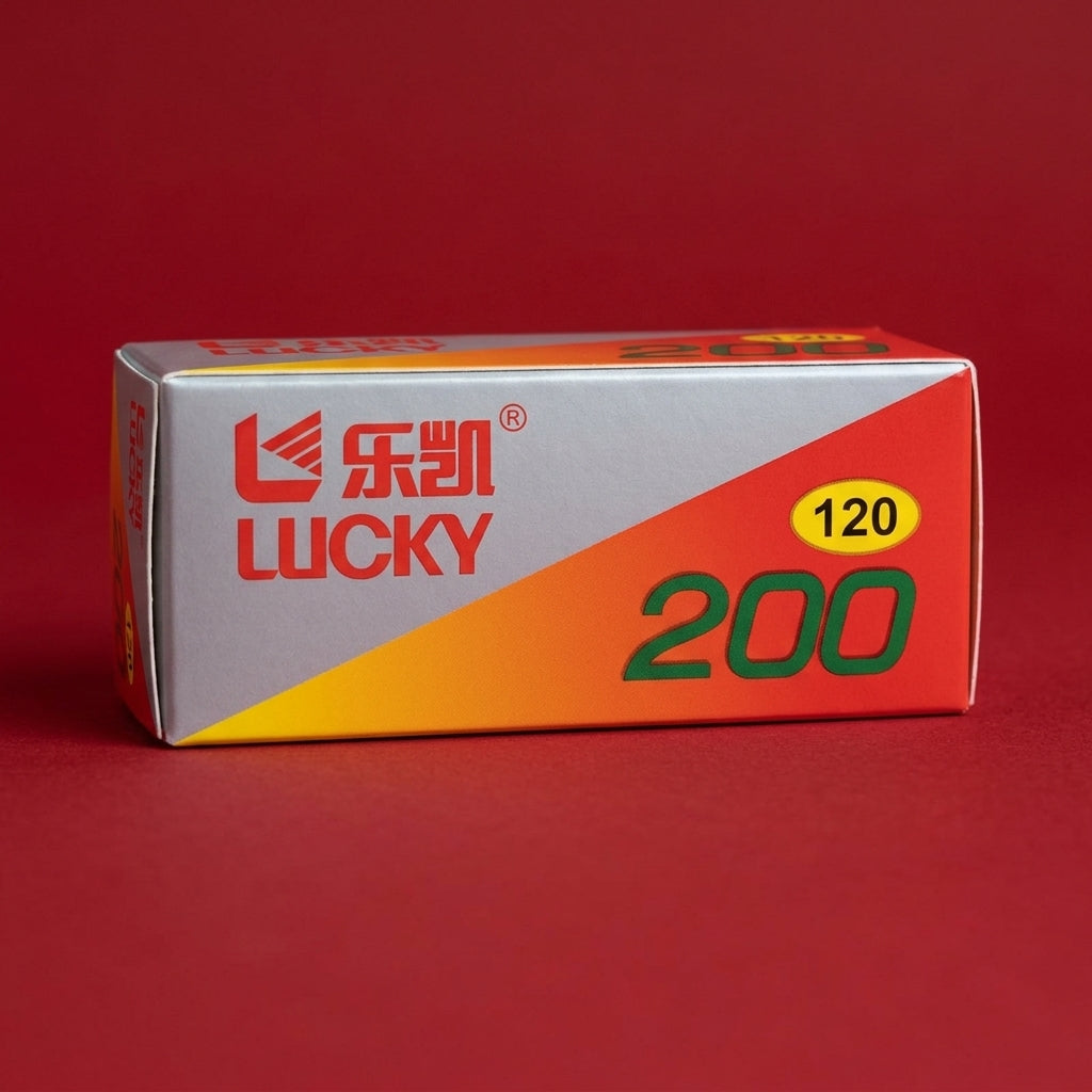 Boxed Lucky 200 120 roll film, red and silver packaging on a red background