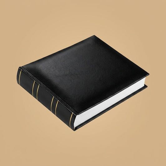 Black Henzo Basiclin photo album lying closed, gold lines on the spine, tan background