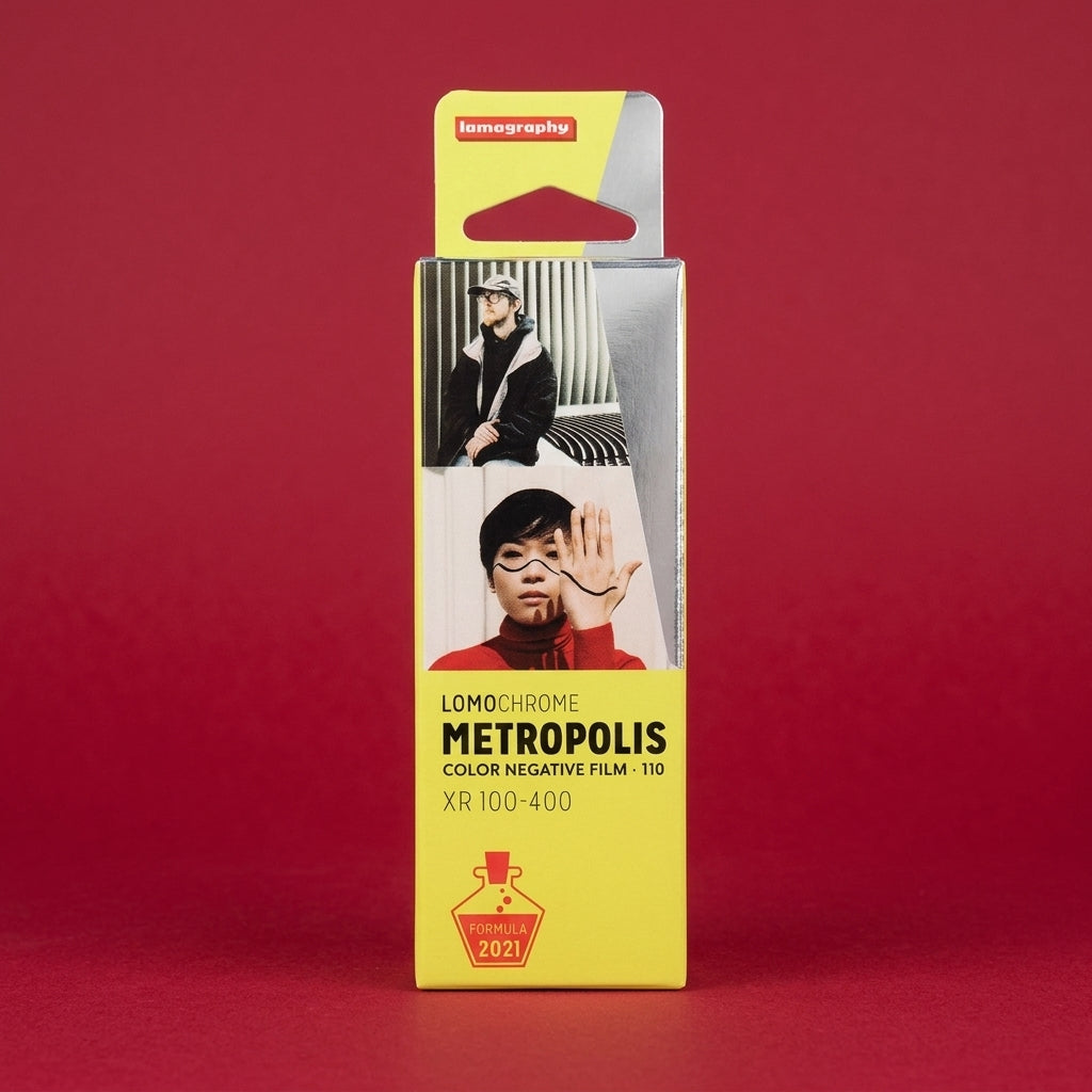 Boxed Lomography Lomochrome Metropolis 110 film against a red background