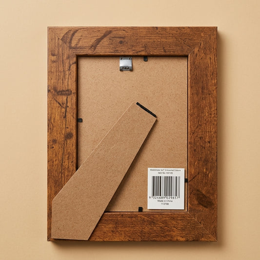 Back of the brown wooden Westminister frame with fold-out stand and barcode label