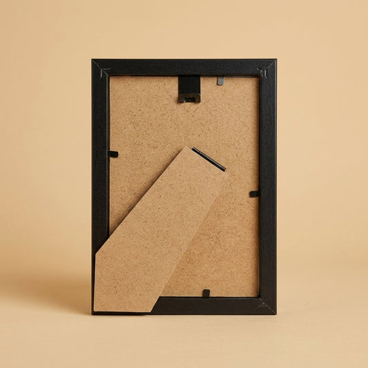 Back of the black Geneva 6x4 frame showing MDF backing board and fold-out stand