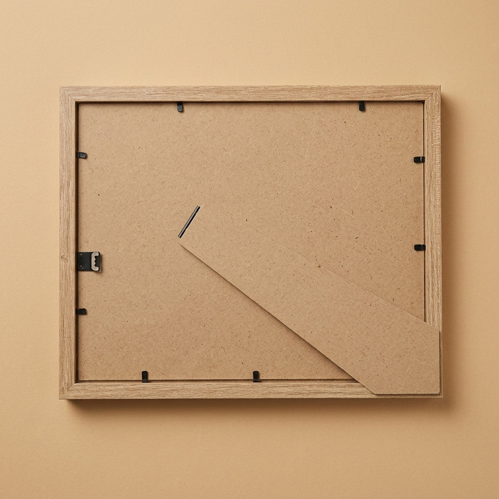 Back of the oak 8x10 frame showing MDF backing board, clips and easel stand