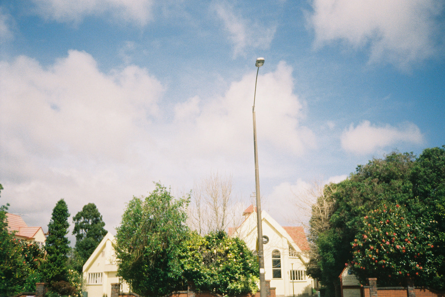 Sample shot on Kodak Gold 200: street lamp above houses and trees under a cloudy blue sky