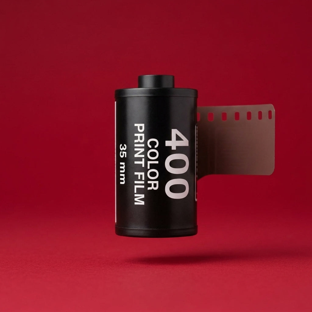 Black 35mm film canister marked 400 Color Print Film with leader out, on deep red background