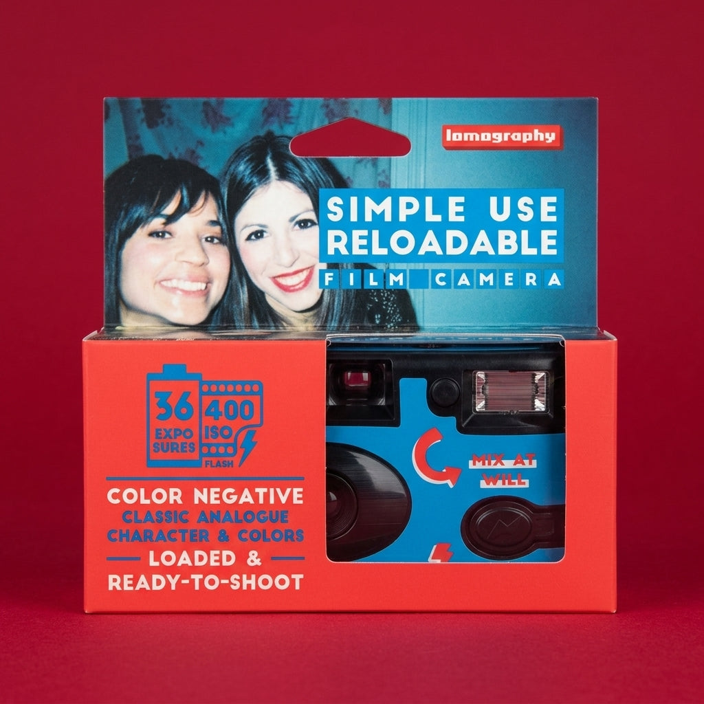 Lomography Simple Use reloadable film camera in red box on dark red background