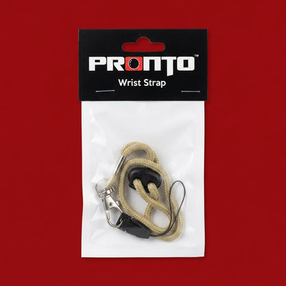 Pronto wrist strap in cream cord, packaged in a hanging bag on a red background