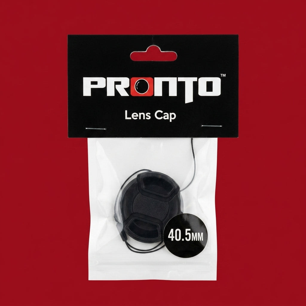 Pronto 40.5mm lens cap with keeper cord in header-carded bag on red background