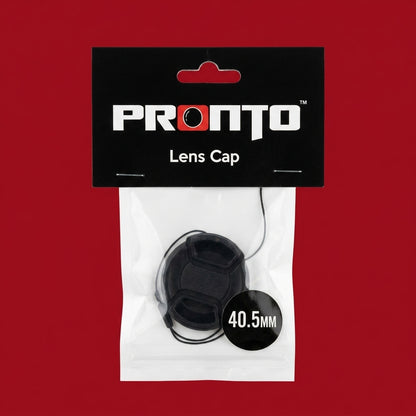 Pronto 40.5mm lens cap with keeper cord in header-carded bag on red background