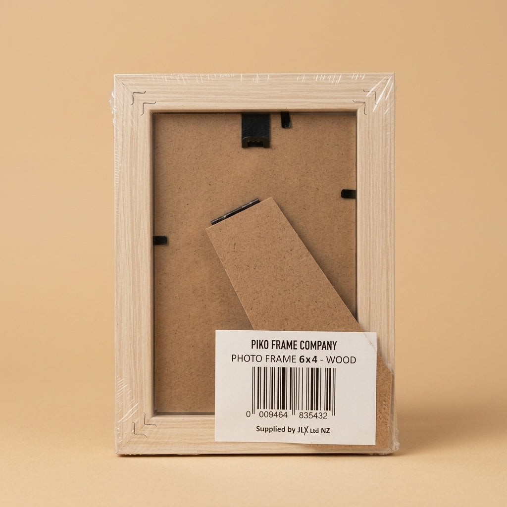 Back of PIKO 6x4 wood frame in wrapping, showing stand and barcode label
