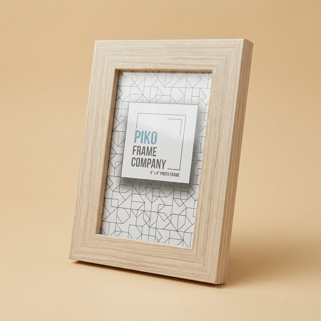 PIKO 6x4 wood frame at an angle, showing depth of the pale timber moulding