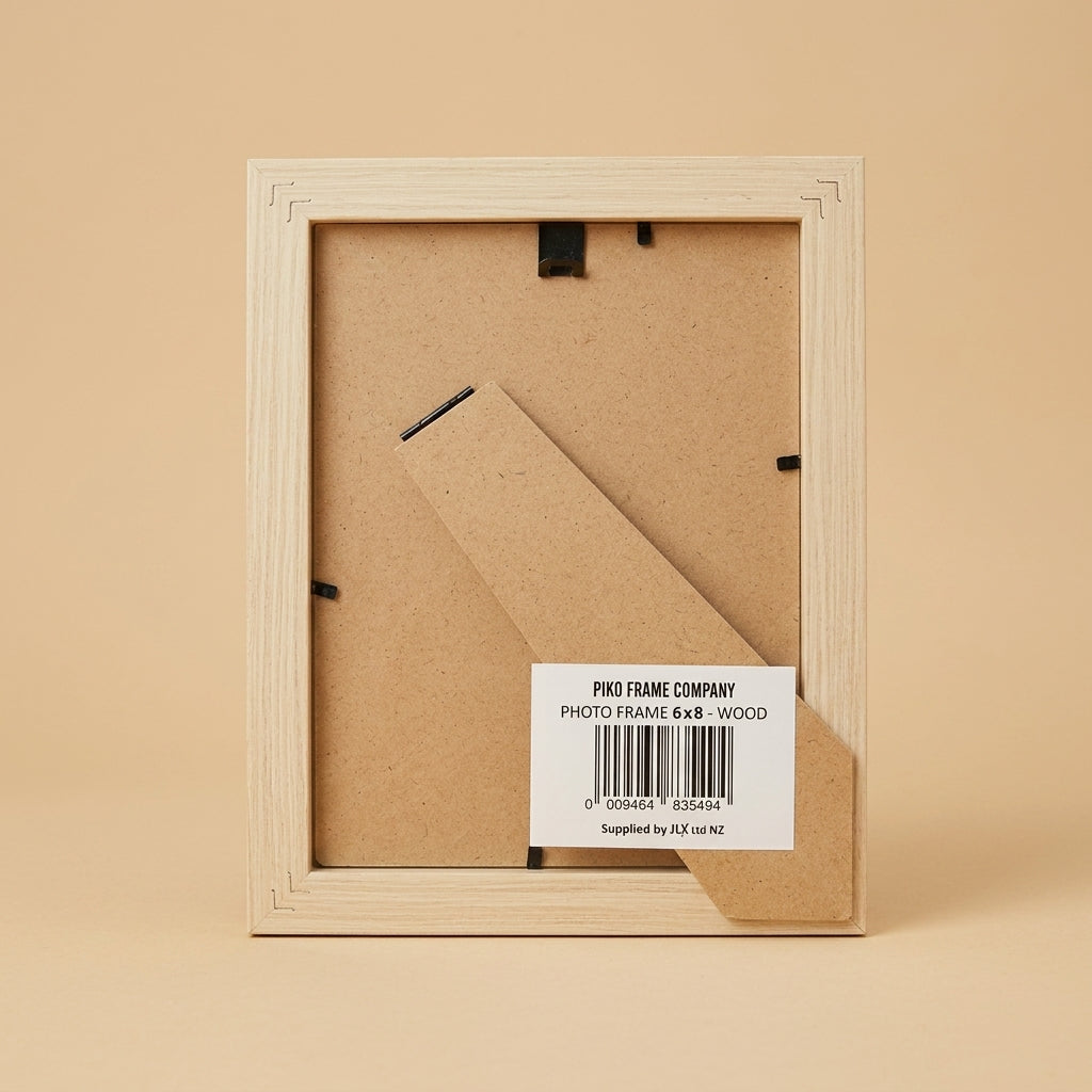 Back of the PIKO 6x8 wood frame showing stand, clips and barcode label
