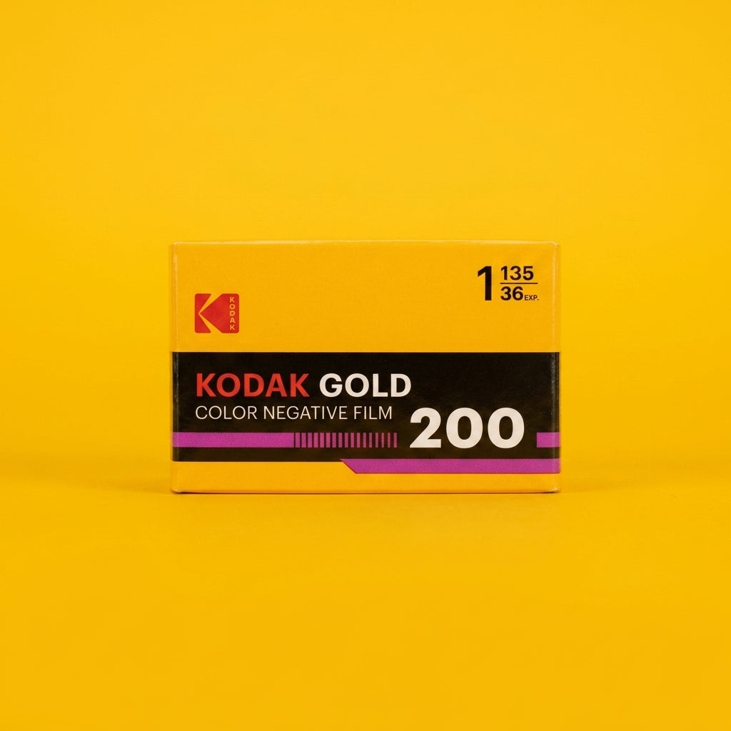Kodak Gold 200 36 exposure 35mm film box on a yellow background