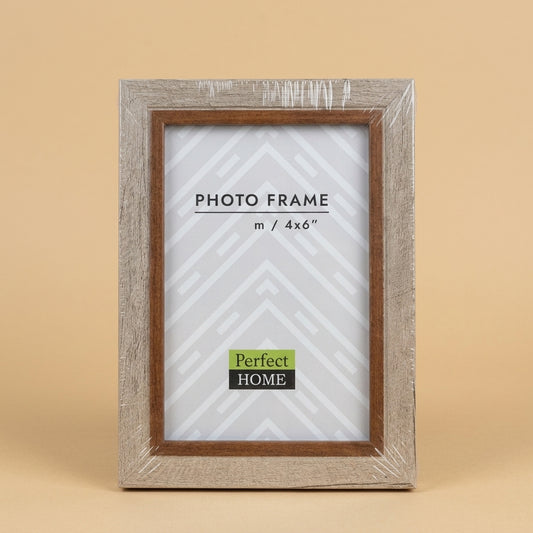 Preston 4x6 frame with pale grey outer edge and brown inner border, wrapped, on tan background