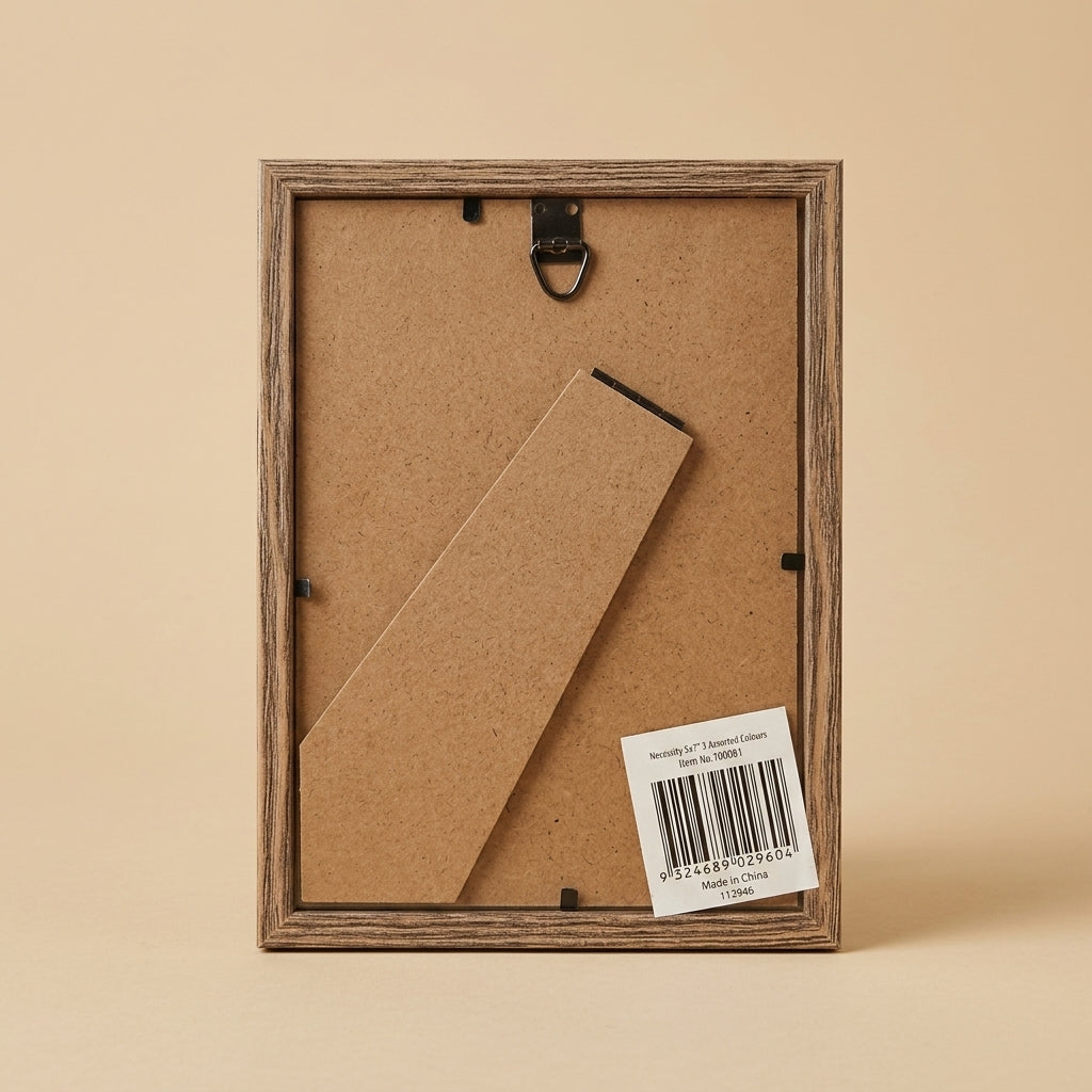Back of the Necessity 5x7 frame showing kickstand, hanging hook and label