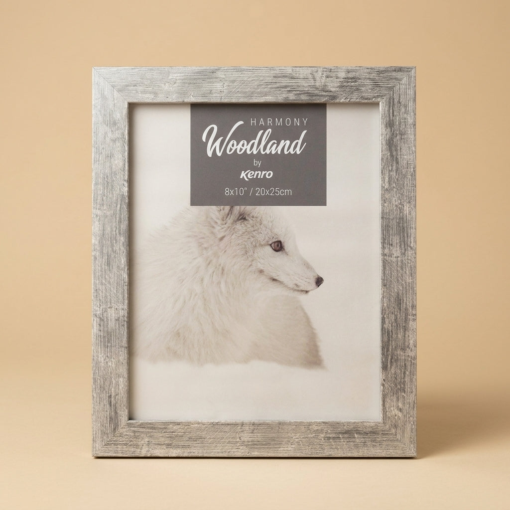 Harmony Woodland 8x10" frame in distressed grey wood, upright with printed insert of a white fox