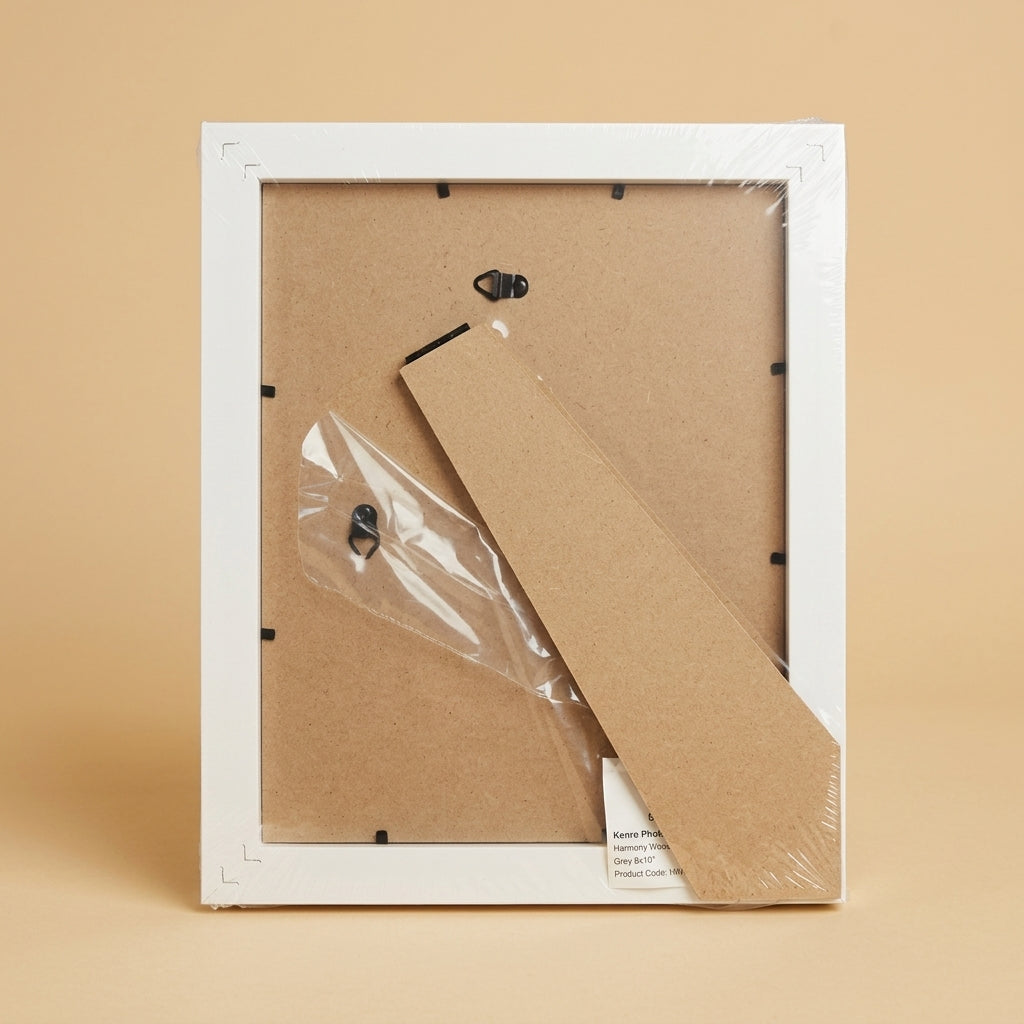 Back of the Harmony Woodland 8x10" frame in plastic wrap, showing backing board and stand