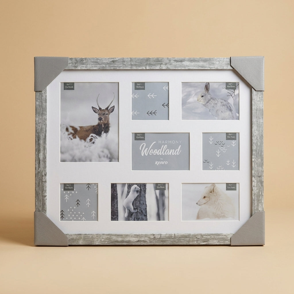 Harmony Woodland collage frame in grey weathered wood with eight openings and white mat