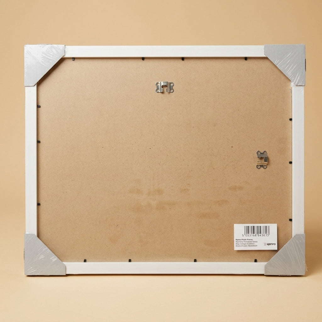 Back of the Harmony Woodland collage frame showing MDF backing, hanging hooks and barcode label