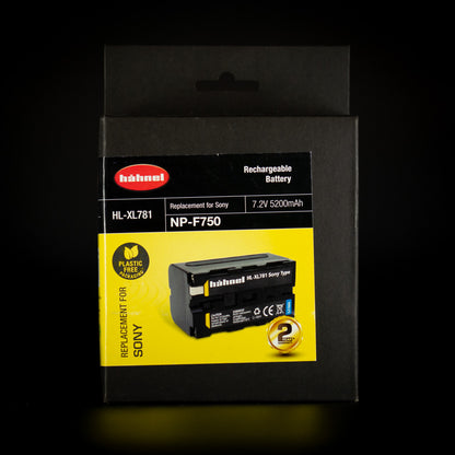 Hahnel NP-F750 battery in black and yellow retail box on a dark background