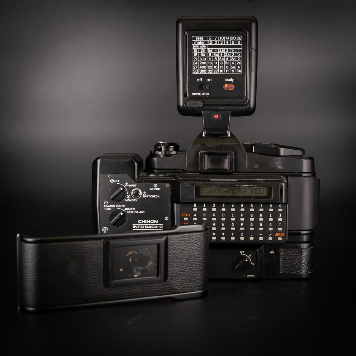 Chinon CP-5 with 50mm f/1.9 Lens, Power Winder, Flash, Databack & Spare Back