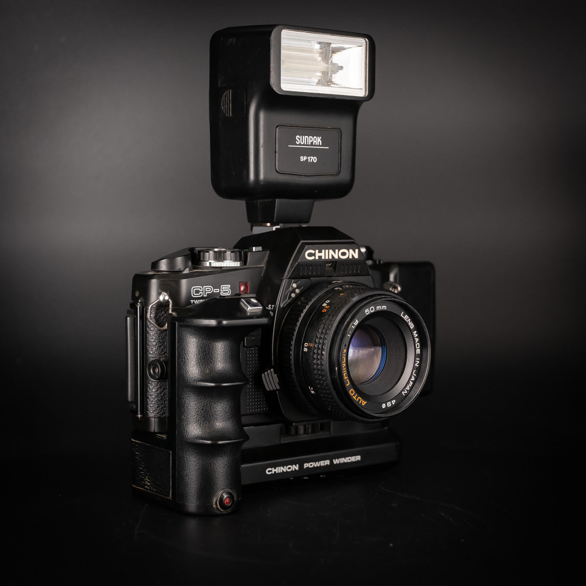 Chinon CP-5 with 50mm f/1.9 Lens, Power Winder, Flash, Databack & Spare Back
