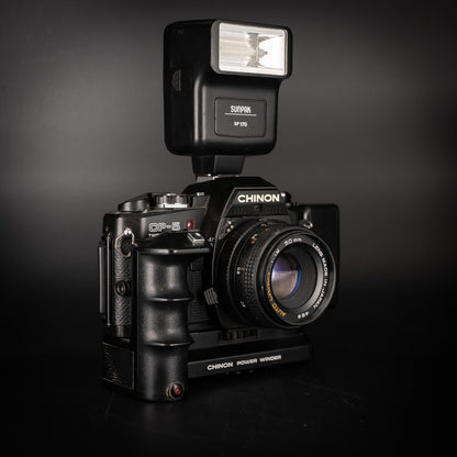 Chinon CP-5 with 50mm f/1.9 Lens, Power Winder, Flash, Databack & Spare Back