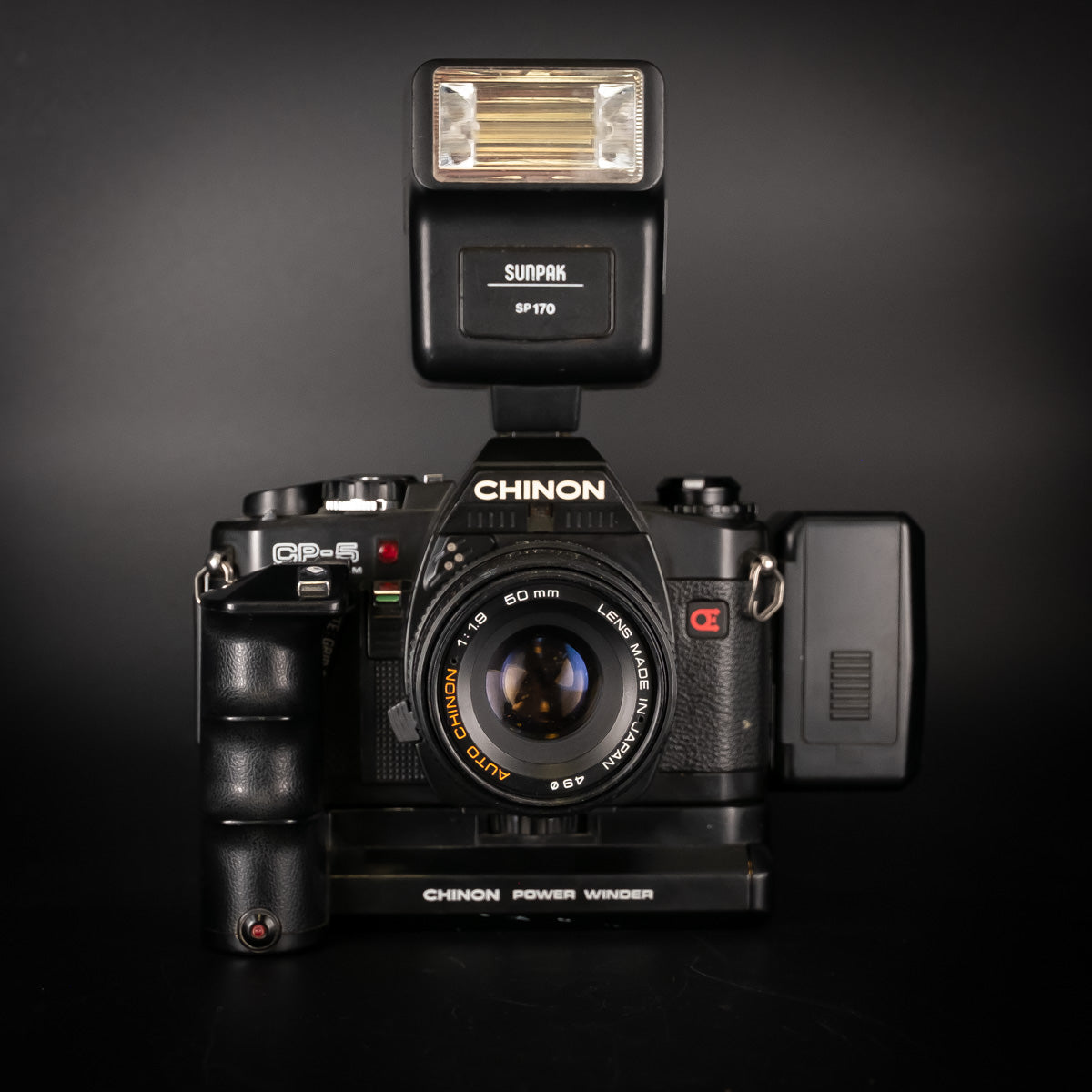 Chinon CP-5 with 50mm f/1.9 Lens, Power Winder, Flash, Databack & Spare Back