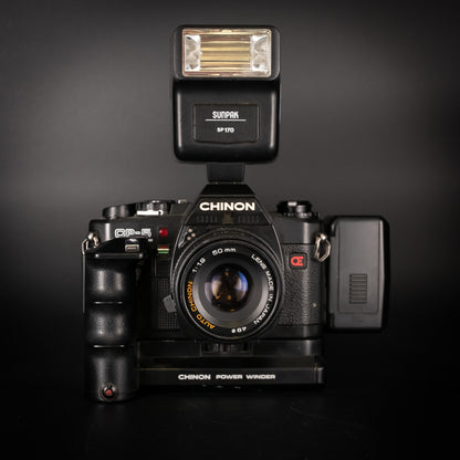 Chinon CP-5 with 50mm f/1.9 Lens, Power Winder, Flash, Databack & Spare Back