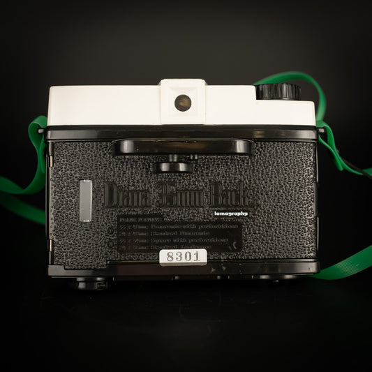 Back of Diana F+ fitted with the 35mm back, showing frame format markings