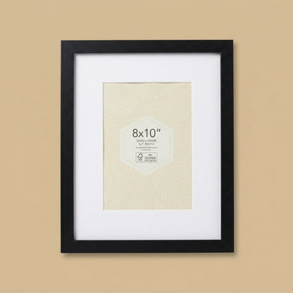 Black 8x10 inch picture frame with white mat and printed insert, front view
