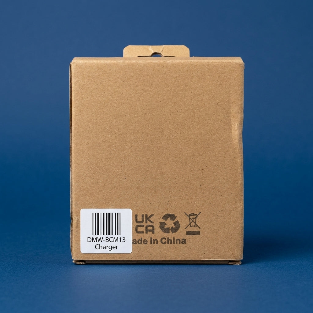 Plain cardboard box labelled DMW-BCM13 Charger, on a dark blue background