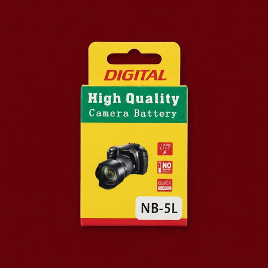 NB-5L camera battery in yellow hanging box on a dark red background