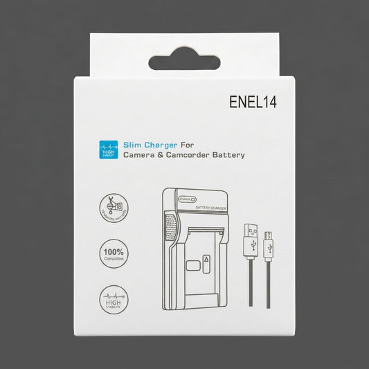 White boxed EN-EL14 slim battery charger with charger and USB cable drawn on the box