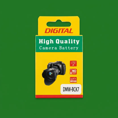 Yellow and green DMW-BCK7 camera battery box on a green background