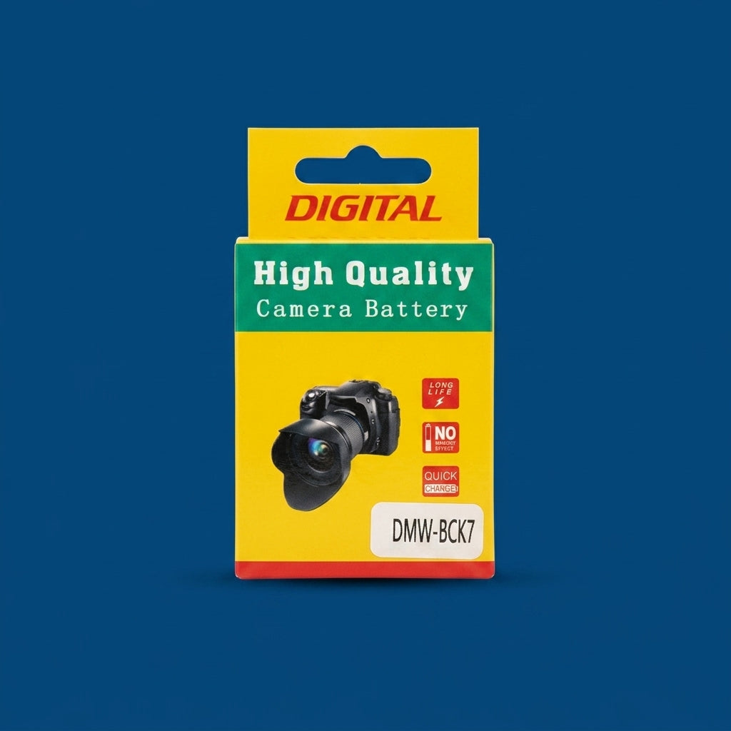 Yellow and green DMW-BCK7 camera battery box on a dark blue background