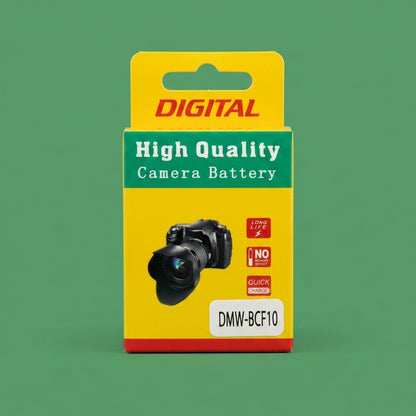Yellow and green DMW-BCF10 camera battery box on a green background